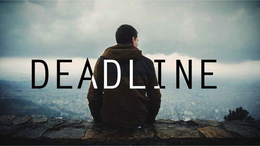 Alt-tekst: Person som ser ut over byen fra et fjell, med tekst "Deadline" over bildet.